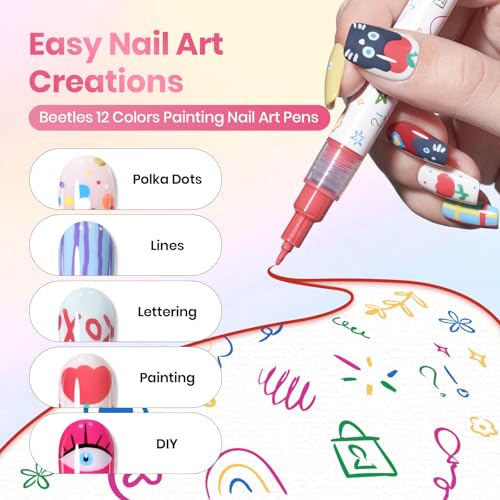 Image of Beetles 12 Colors Nail Art Pens, 0.5mm Fine Line Nail Polish Pens for Women | Quick Air Drying Acrylic Paint Markers for Nail Art Design Easy Painting Dots Liner Lettering, DIY Home Salon Nail Art Tools