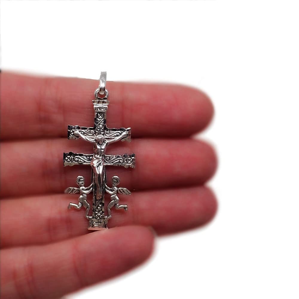 Colgante plata Ley 925m oxidada Cruz Caravaca maciza 39mm. delante Cristo atrás Virgen detalles