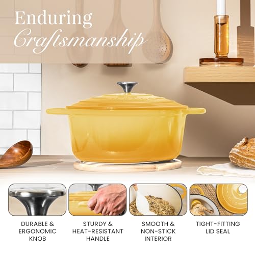 Image of Nuovva Enamelled Cast Iron Dutch Oven Pot with Lid 6.4 Quart Non Stick Casserole Pot-Heavy Duty & Oven Safe up to 500 F for Bread Baking, Braising, Stews, Roasting - 28cm Yellow