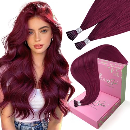 YoungSee I Tip Extensions Magenta, I Tip Hair Extensions Human Hair, 14 Inch 25g 50 Strands, I-Tip Microlink Hair Extension, Colorful Magenta, Short Hair, Cold Fusion Extension