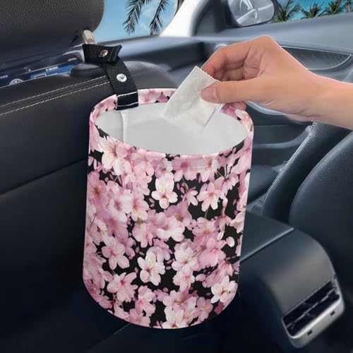 Image of Cherry Blossom Car Trash Can Collapsible Portable Car Garbage Bin for Front Seat, Back Seat, Floor, Headrest Rubbish Bin Universal Fit Small Trash Can