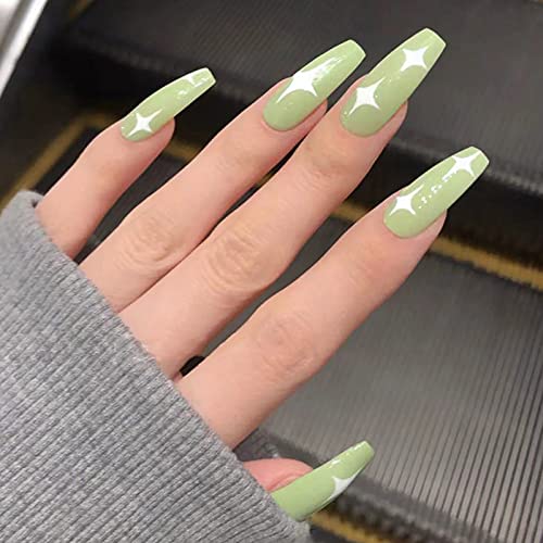 Vaveah 24 Pcs Press on Nails Coffin for Women, Extra Long Fake Nails Glue on Nails, False Nails with Glue (Matcha Stars)