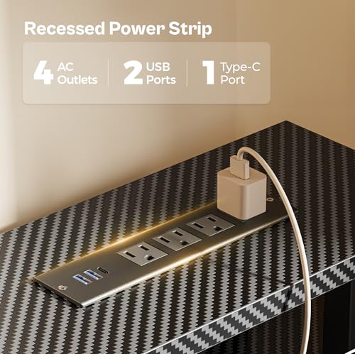 Image of Huuger 47 inch Computer Desk with 4 Drawers, Gaming Desk with LED Lights & Power Outlets, Home Office Desk with Large Storage Space for Bedroom, Work from Home, Carbon Fibre Black