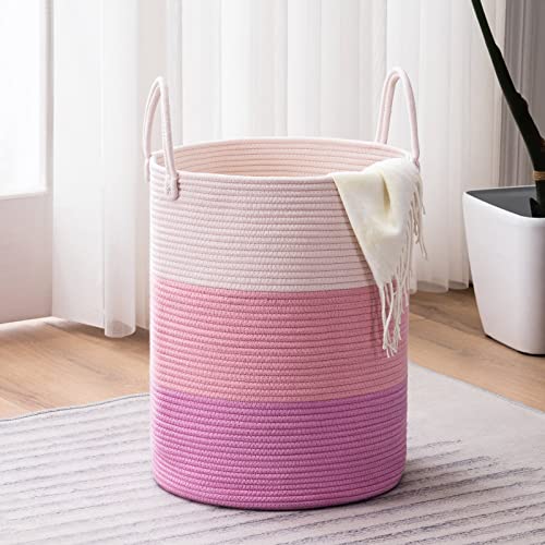 Image of YOUDENOVA Woven Rope Laundry Hamper Basket, 58L Tall Luandry Basket, Baby Nursery Hamper for Blanket Storage, Clothes Hamper for Laundry in Bedroom-Large-Pink