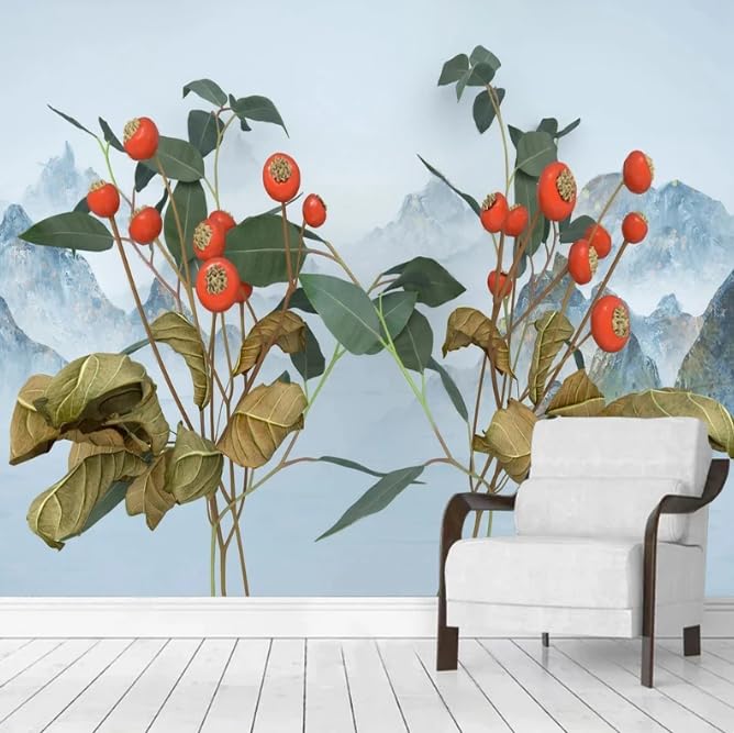 Papier peint pour agrandir une pièce sombre avec motif fleur montagne 3D