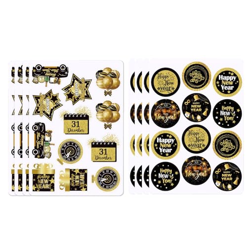 96 pegatinas de Año Nuevo, pegatinas decorativas de Año Nuevo, pegatinas redondas negras y doradas para regalos de Año Nuevo, bolsas de regalo, cajas decorativas