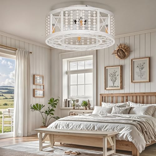 DWVO 18.5 Inch Caged Ceiling Fan with Lights and Remote, Beaded Decor, Farmhouse Flush Mount Ceiling Light Fixture with Reversible DC Motor, 6 Speeds, for Bedroom, Living Room, Dining Room (Off-White)