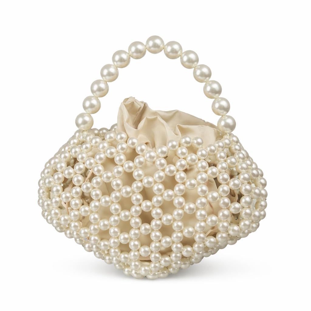 Pearl Beaded Handbag, Ivory, Faux Pearl, Woven Cage Style with Satin Lining, Top Handle Clutch, Gifting for women and girls, Party and wedding-image-2