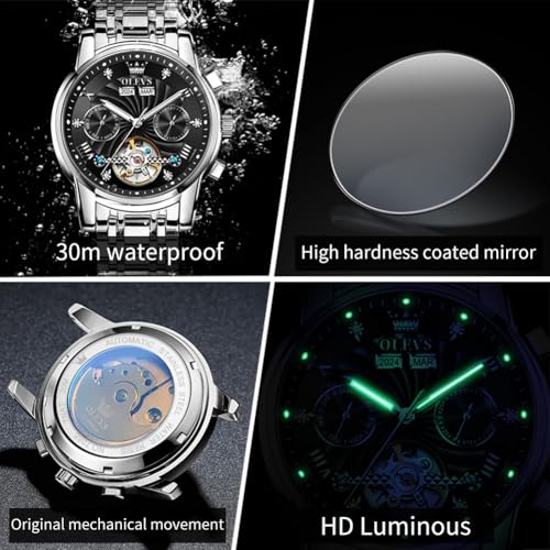 Image of OLEVS Automatic Watches for Men Business Dress Mechanical Watch Stainless Steel Waterproof Self Winding Classic Date Luxury Diamond Skeleton Men Wristwatch