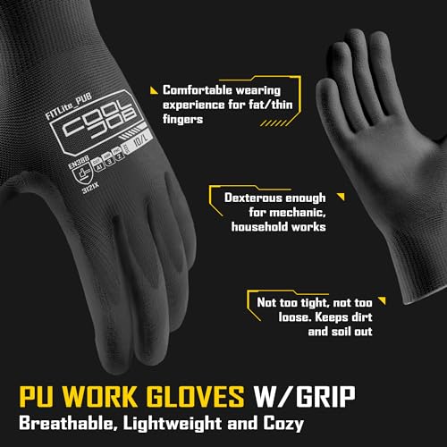 Image of COOLJOB 60 Pairs Safety Work Gloves Pack Bulk with Grip PU Coating | Breathable Lightweight Gloves with Polyurethane Dipped for Men Women, 13 Gauge Seamless Knit Thin Gloves, Black Medium