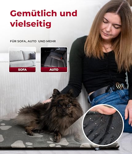 HS-Hundebett® Hundedecke S (55x75 cm) – rutschfest & gemütlich Dank 3 cm Füllung – Perfekt fürs Sofa, Auto & Hundebox – Pfote Anthrazit, Made in DE
