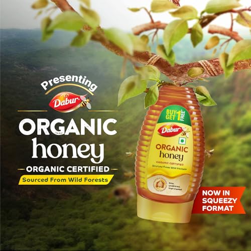 Image of Dabur Raw Organic Honey Squeezy Pack - 450g (225g x 2) | Buy 1 Get 1 Free | 100% Pure and Natural | NPOP Organic Certified | Raw, Unprocessed & Unpasteurized Honey | Sourced from Wild Forests