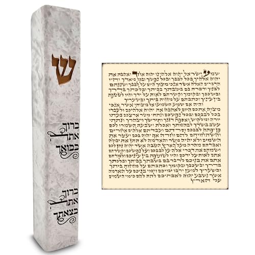 TALISMAN4U Modern Marble MEZUZAH CASE with Scroll for Door Hebrew Torah Blessing Gold Shin Self-Stick Waterproof Jewish Protection Mezuza Israel Judaica Gift 5 Inch