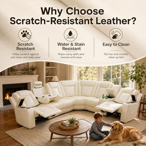Image of Power Reclining Sectional Sofa for Living Room,Modern L-Shaped Air Leather Sectional Couch Set,Recliner Sofa Set,with LED Lights,Cup Holder,Storage,Charging Ports,Home (White, Sectional)