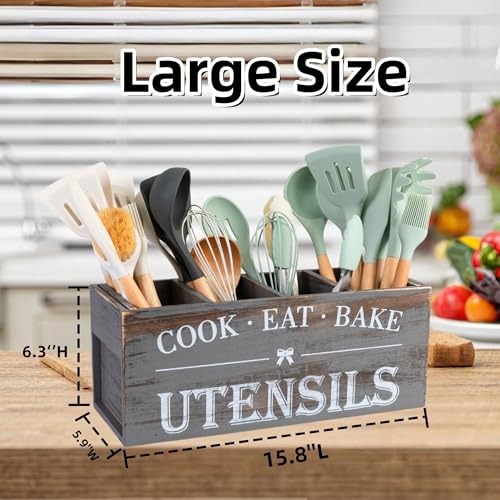 Utensil Holder,Extra Large Wooden Utensil Holder For Kitchen Counter,Cooking Spatula Organizer,Big Storage Caddy With 4 Compartments Flatware Spoon Tool Cutlery(Grey)