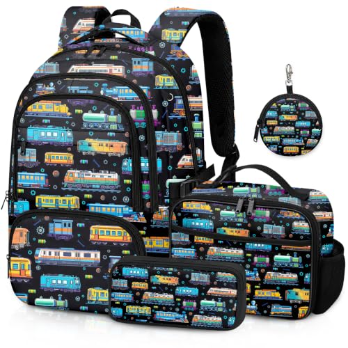 Fihevur Train Backpack Set for Boys Girls Kids Train Backpack for School with Lunch Box and Pencil Case Coin Purse School Bookbag for Kindergarten Elementary