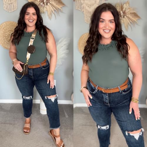 WAYMAKER Women's Sleeveless Racer Back Ruffle Mock Turtle Neck Ribbed Bodysuit Tank Tops3