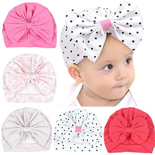 Baby Girls Turban Hats Big Bows, 5PCS Baby Girl Hats, Soft Hospital Hat for Newborn Infant Toddlers Girls