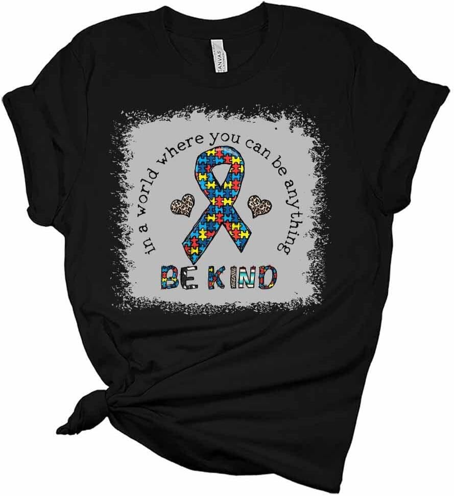 Womens Autism Awareness Shirt Cute Be Kind Ribbon T-Shirt Casual Graphic Tee Short Sleeve Top