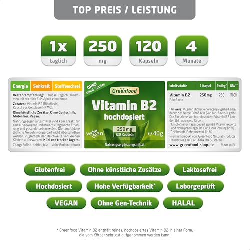Vitamin B2, hochdosiert, 250mg - 120 Kapseln, vegan. Riboflavin – unterstützt Energiestoffwechsel, Sehkraft, Haut & Nerven. OHNE künstliche Zusätze - laborgeprüft. Von Greenfood.