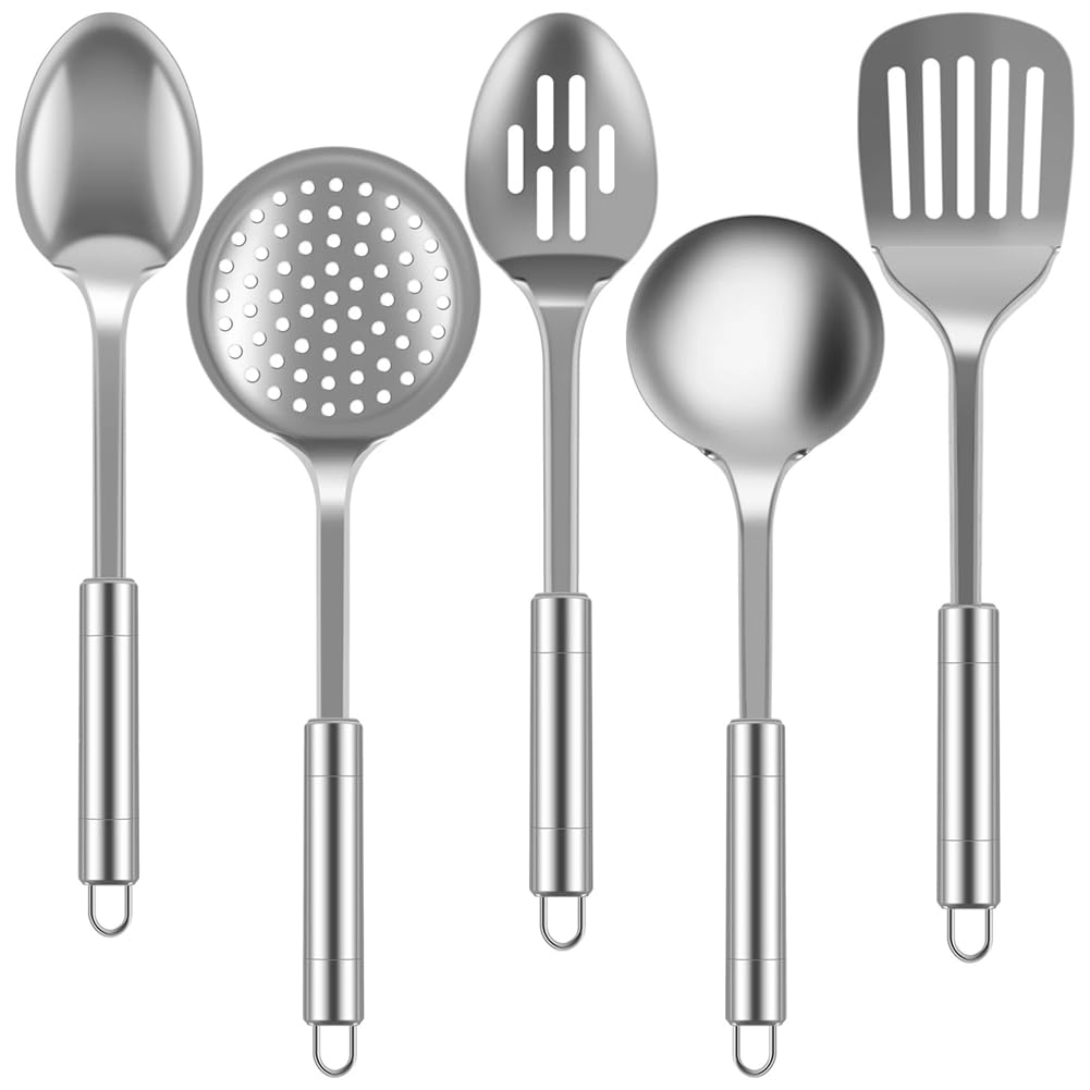 Jolsaawie 5Pcs Kitchen Cooking Utensils Set Stainless Steel Shovel Soup Spoon Spatula Utensils Dinnerware Cooking Tools