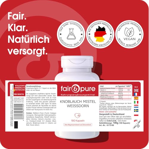 Fair & Pure Knoblauch Kapseln mit Mistel, Weißdorn und Vitamin C, 180 Stück, schluckfreundlich, veganes Nahrungsergänzungsmittel ohne Zusätze, in Deutschland hergestellt