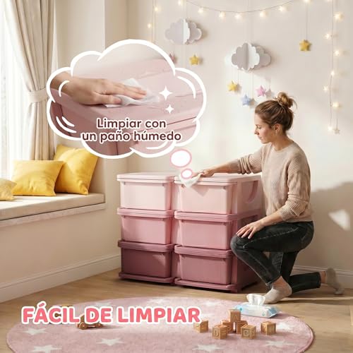 Miniatura 6 de Homcom Torre De Almacenamiento Infantil Con 6 Cajones, Organizador De Juguetes Para Niños De 3 Años, Con Bordes Redondeados Y Asas, Para Guardería, Sala De Juegos, Dormitorio, 75x37x56,5 Cm, Rosa