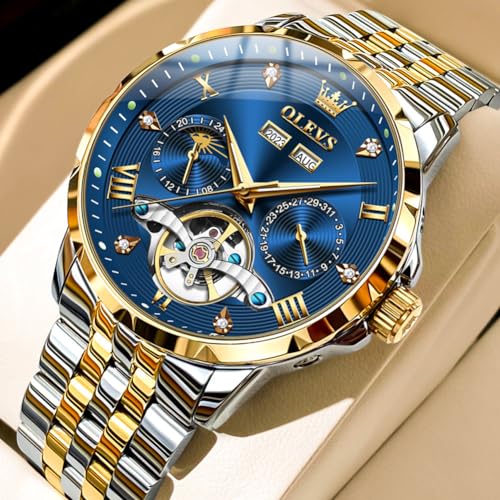 Image of OLEVS Automatic Watches for Men Self Winding Mechanical Skeleton Luxury Dress Stainless Steel Diamond Men Wrist Watches