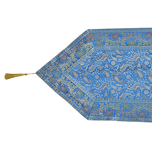 Image of E-EZRA Room Decor Banarasi Silk Handmade Flower V Shape Table Runner Dinning & Centre Table Long Runner Bed Runner Gold Tassels End Size 14 X 80 inches (Turquoise)