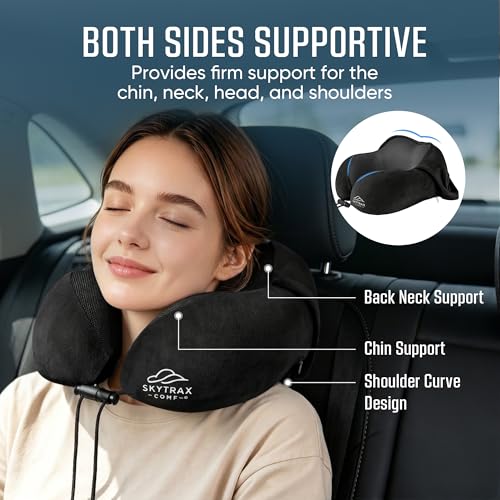 Image of SkytraxComf Travel Neck Pillow with Hood for Privacy on Long Flights | Memory Foam | Airplane Sleep | Safety-Tested Materials | Extra Large Hood | Chin Support | Earplugs | Washable Cover