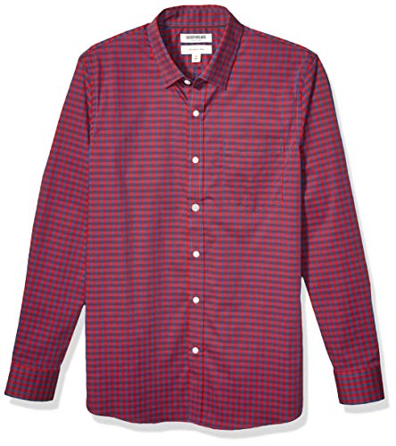 Amazon Brand - Goodthreads Men's Slim-Fit Long-Sleeve Wrinkle Resistant Comfort Stretch Poplin with Easy-Care, Red Navy Gingham Large
