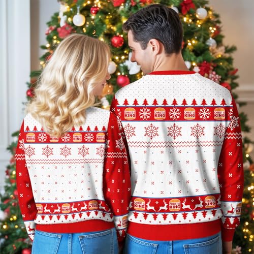 Image of 99TIMORO Burger Christ Ugly Christmas Sweater for Men and Women, Holiday Pullover Novelty Crewneck Sweatshirt, Festive Outfit Gift