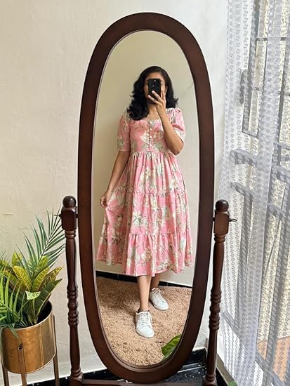 Image of Women's Floral Printed Tiered Midi Dress, Puff Sleeves, Square Neck, Button-Front