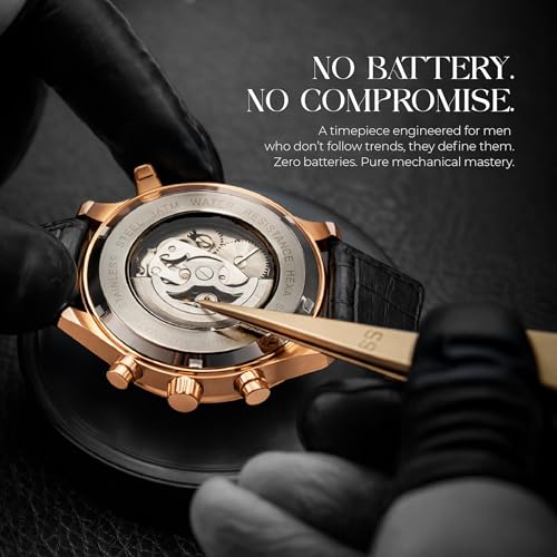 Image of Hexa Hustler Automatic Mechanical Watch for Men | Multifunction Analog Black Dial | Leather Strap | 45mm Round Case | Mineral Glass | 3ATM Water Resistant Luxury Watch