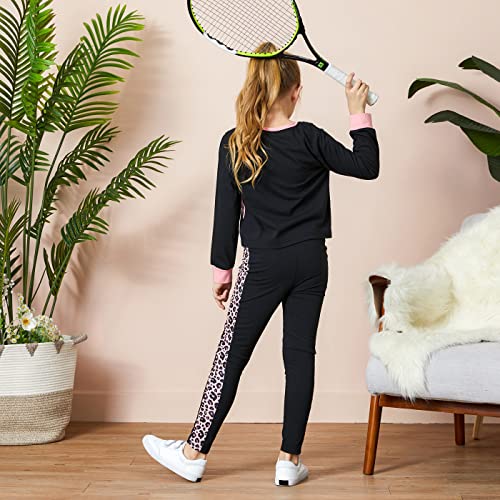 Image of PATPAT Big Kid Girls 2 Piece Outfits Crew Neck Leopard Color Block Top and Leggings Girl Sweatpants Tracksuits, Black, 7-8 Years