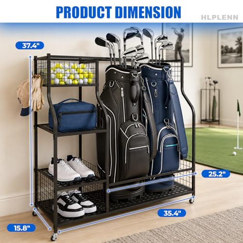 Golf-Bag-Storage-Organizer-Rack-for-Garage-for-Golf-Bag-Clubs-300LBS-Max-Capacity-Built-in-Lockable-Wheels-2-Hooks-Fit-2-Golf-Bags-for-Garage-Home-Club-Basement