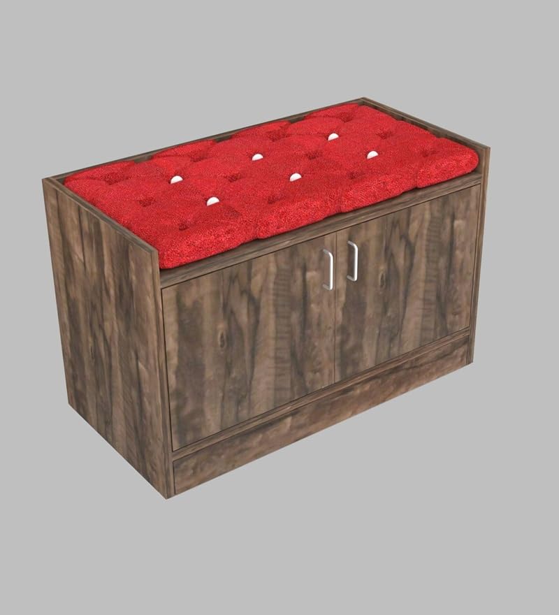 Image of SPECIALITY PANELS 2 Door Shoe Rack with Cushion, DIY Assembly, Brown Wood Finish with Red Cushion, 75x49 cm Entryway Storage Bench