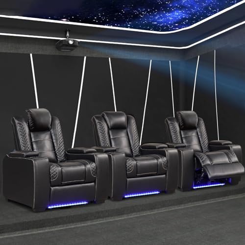 Image of ANJ Power Home Theater Seating Recliner Chairs Set of 3, PU Leather Recliner with Cup Holders, Electric Movie Theater Reclining Chair with Adjustable Headrest, LED Lights, Hidden Arm Storage (Black)