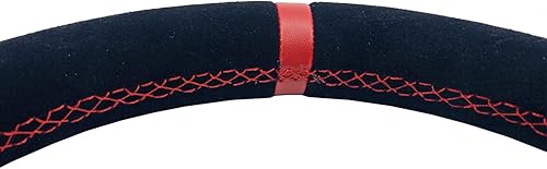 Miniatura 5 de Volante de carreras de 13"325mm en forma de D, de piel de ante, con franja roja, estilo carrera, fondo plano, con costuras rojas y botón de bocina