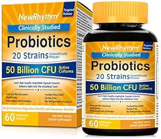 NewRhythm Probiotics 50 Billion CFU 20 Strains, 60 Veggie Capsules, Targeted Release Technology, Stomach Acid Resistant, No Need for Refrigeration, Non-GMO, Gluten Free