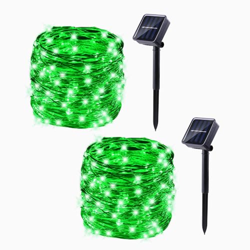 Lomotech Guirnalda de luces solares para exteriores, paquete de 2 unidades de 200 luces LED solares impermeables de 66 pies, 8 modos de luces parpadeantes para exteriores, patio, jardín, fiesta, boda
