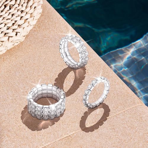 Kucheed 3PCS Rhinestone Stretch Ring, Fashion Crystal Stackable Finger Rings Set, Cute Toe Ring Body Jewelry, Silver Diamond Elastic Band Ring Accessories, Sparkly Thumb Pinky Ring for Women3