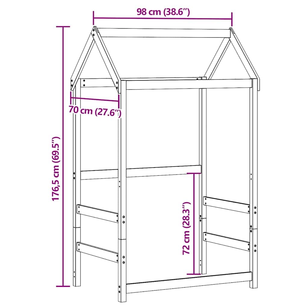 Cuna con techo de 98 x 70 x 176,5 cm de pino macizo con aspecto rústico, adecuado para marco de cama, accesorios, cama de juegos, habitación infantil, duradera, fijación estable, fácil