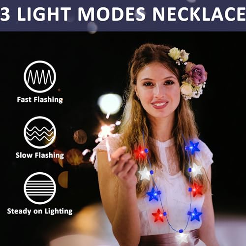 Image of 4th of July Accessories, 2Pcs Independence Day LED Holiday Light Up Stars Necklace, Red Blue White Flashing Necklace for 4th of July Parades Patriotic Celebration Themed Firework Party Memorial Day