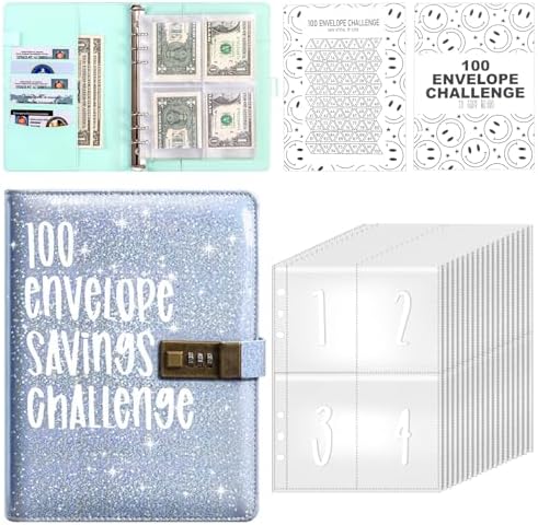 100 Envelopes Money Saving Challenge, Money Saving Budget Binder with Cash Envelope, Budget Saving Challenge with Combination Lock, Savings Challenge, Save $5,050 Easily (Blue)