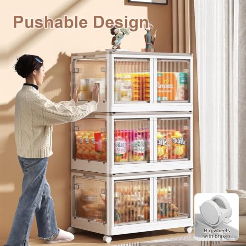 Image of 3 𝐏𝐀𝐂𝐊 Plastic Rack for Storage Cabinet with Wheels | Multipurpose Shelf Storage Services Almirah Wardrobe for Clothes, Kitchen Cupboard | Plastic Organizer with Transparent Doors