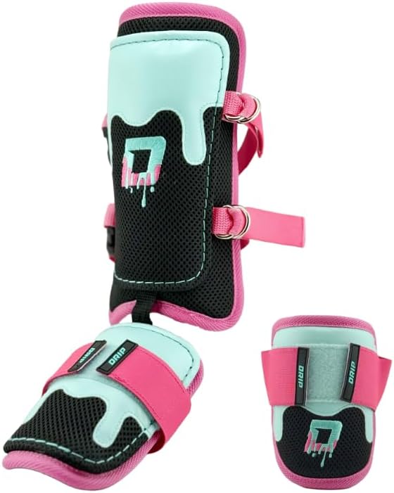 Youth Baseball Shin and Elbow Guard Set, Pink/Aqua/Black, Adjustable Straps, Lightweight, Breathable Mesh Lining