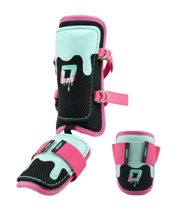 Sportz Drip Youth Baseball Shin and Elbow Guard Set Pink/Aqua/Black Adjustable Straps Lightweight Breathable Mesh Lining (Youth Large/Extra Large)