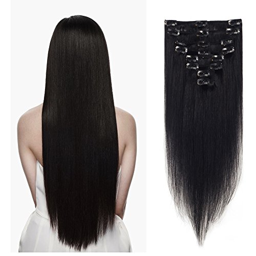 LFLIN Clip In Human Hair Extensions 100% Real Remy Jet Black Full Head Long Soft Silky Straight 8pcs 18clips For Women Beauty.