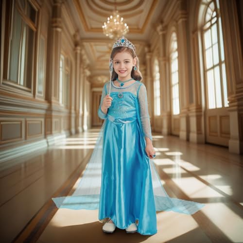 Elsa Dress for Girls Princess Dress Up Halloween Cosplay Elsa Costume Fancy Dress Birthday Outfit with Accessories2